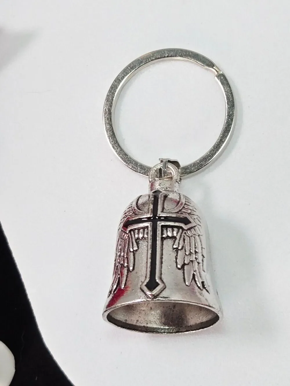 Silver Cross & Wings Bell Keychain